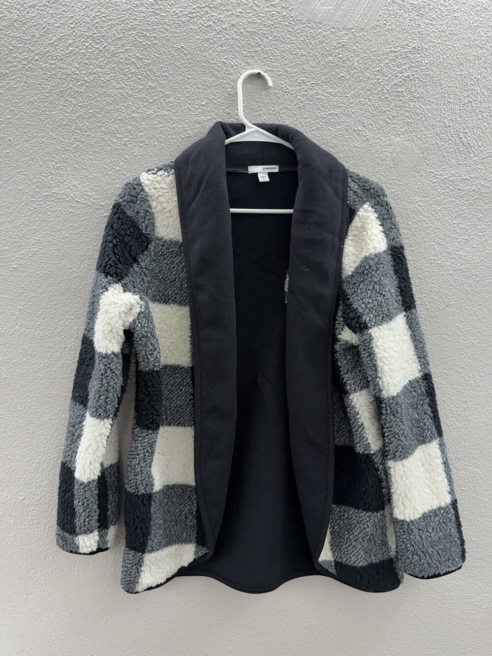 Sonoma Womens Sweater Jacket Size Small Buffalo Plaid Open Front Sherpa Fuzzy
